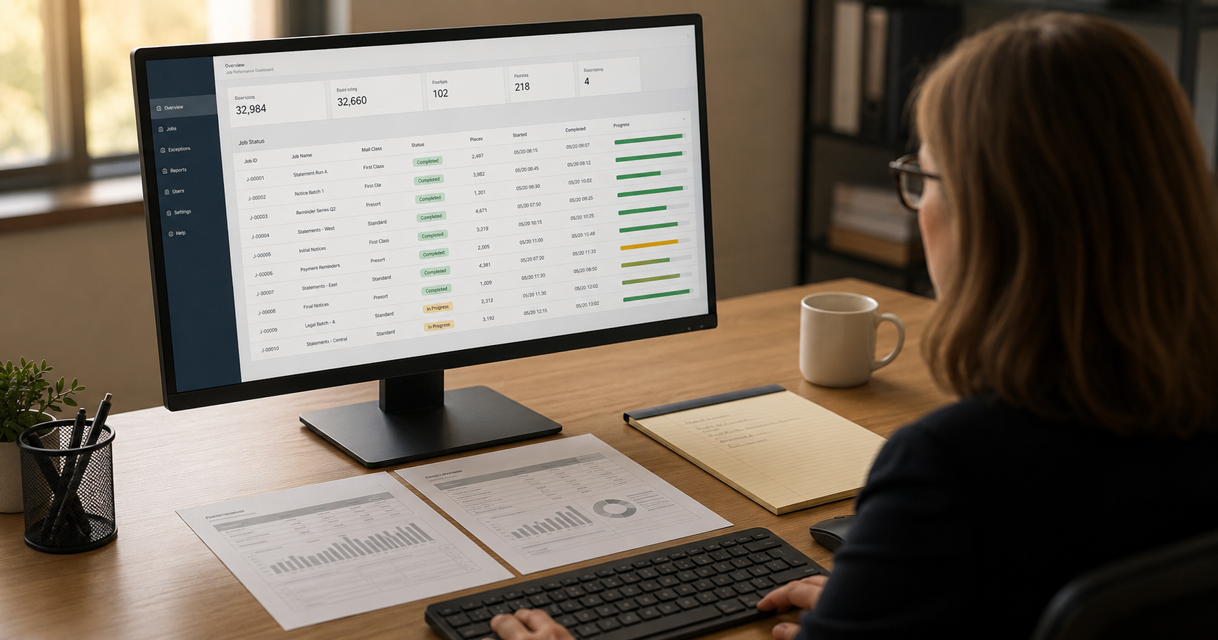 A compliance operations workstation with a monitor displaying a structured job-tracking dashboard alongside a printed report and notepad.