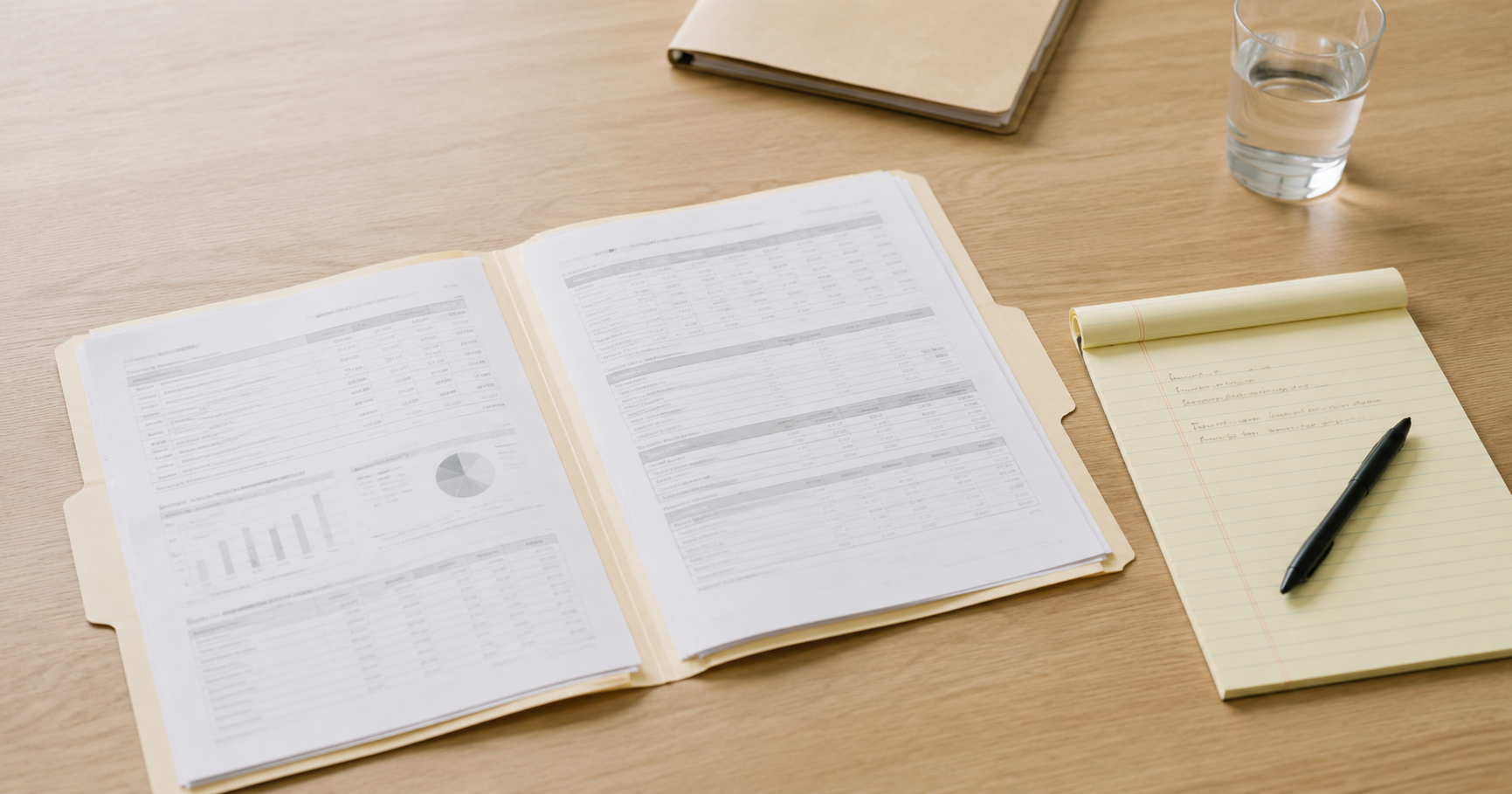 An open compliance documentation folder with organized printed pages on a clean conference room table alongside a notepad and pen.
