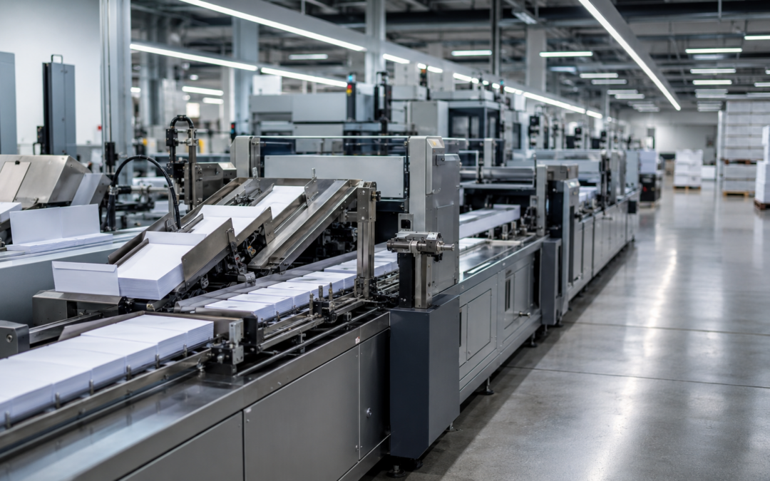 Interior of a commercial print-and-mail production facility showing rows of industrial envelope inserting machines in operation.