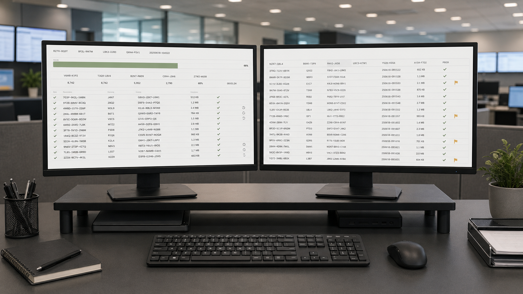 A data operations workstation showing a file validation and address correction workflow on a dual-screen setup, representing pre-production address hygiene processing.