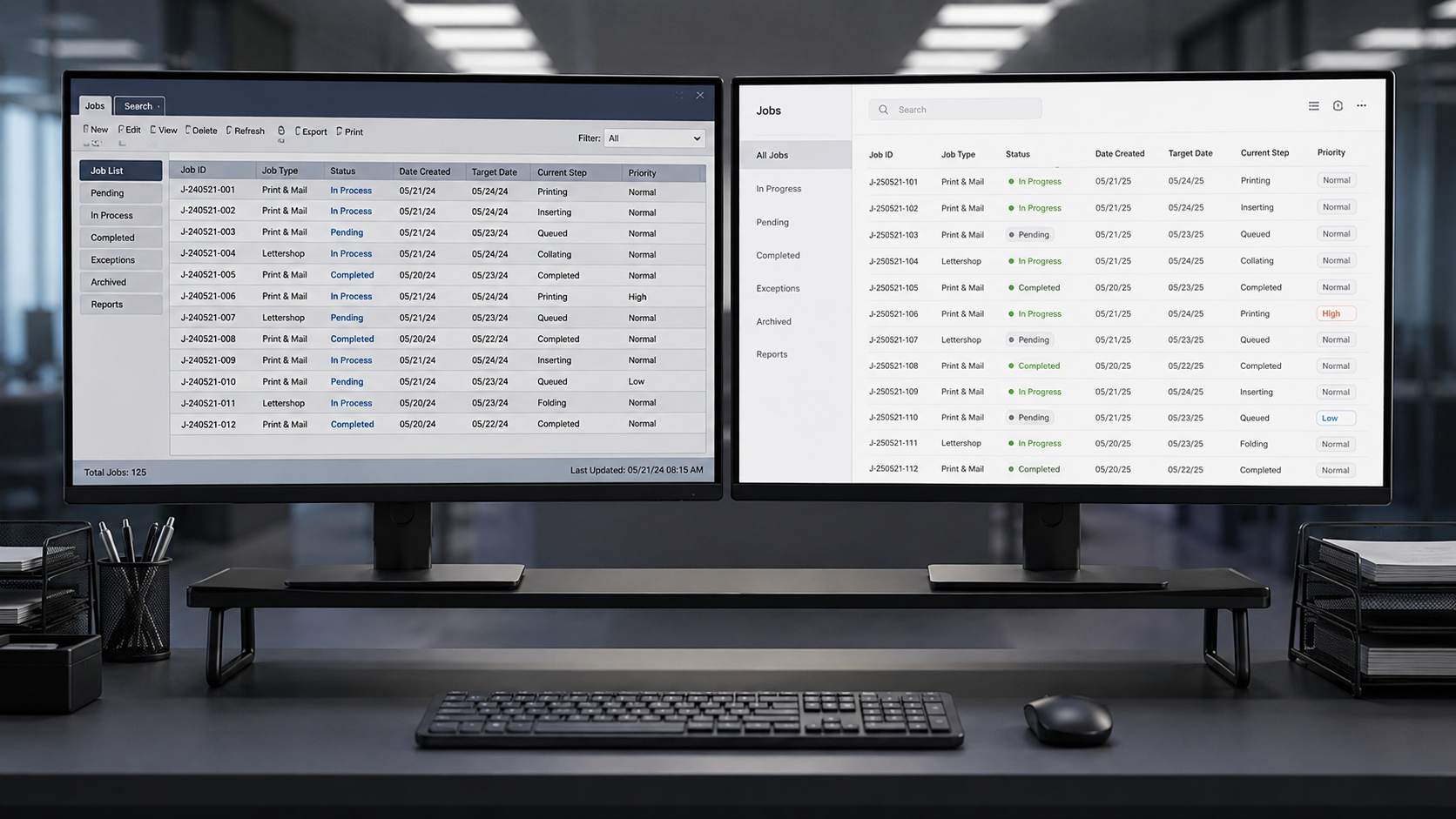 The Parallel Test Run: How Regulated Mailers Eliminate Transition Risk - VariVerge Side-by-side dual-monitor workstation showing two job tracking dashboards running simultaneously during a vendor transition test run.