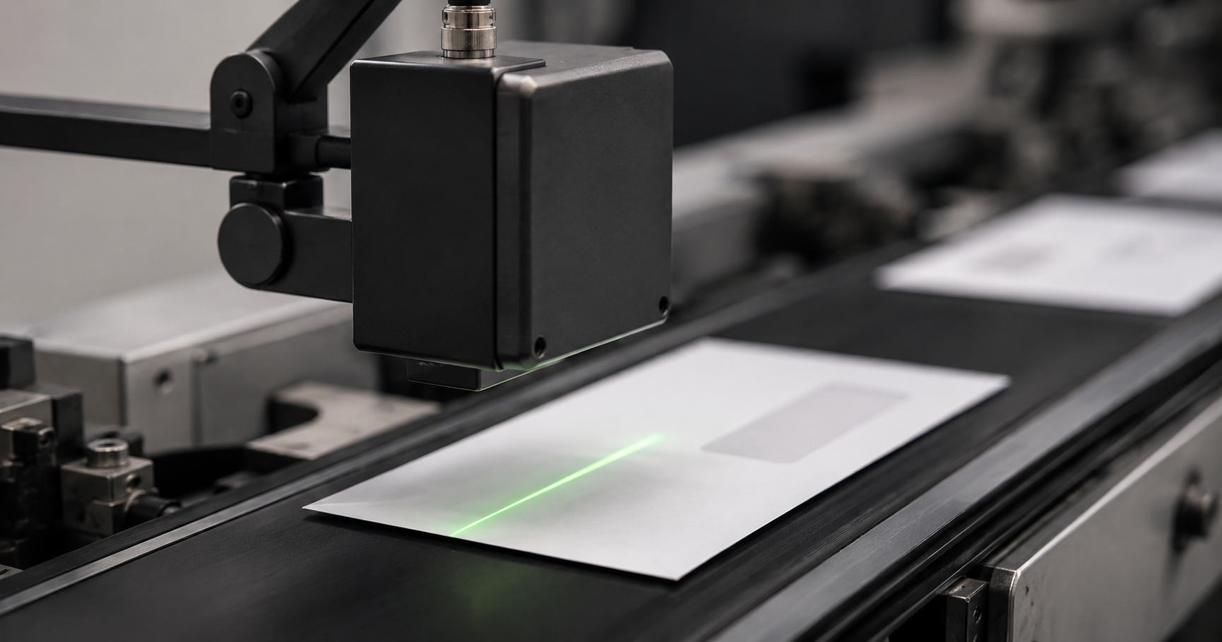 Close-up of an optical verification scanner mounted above a mail production conveyor passing a white envelope beneath the sensor.