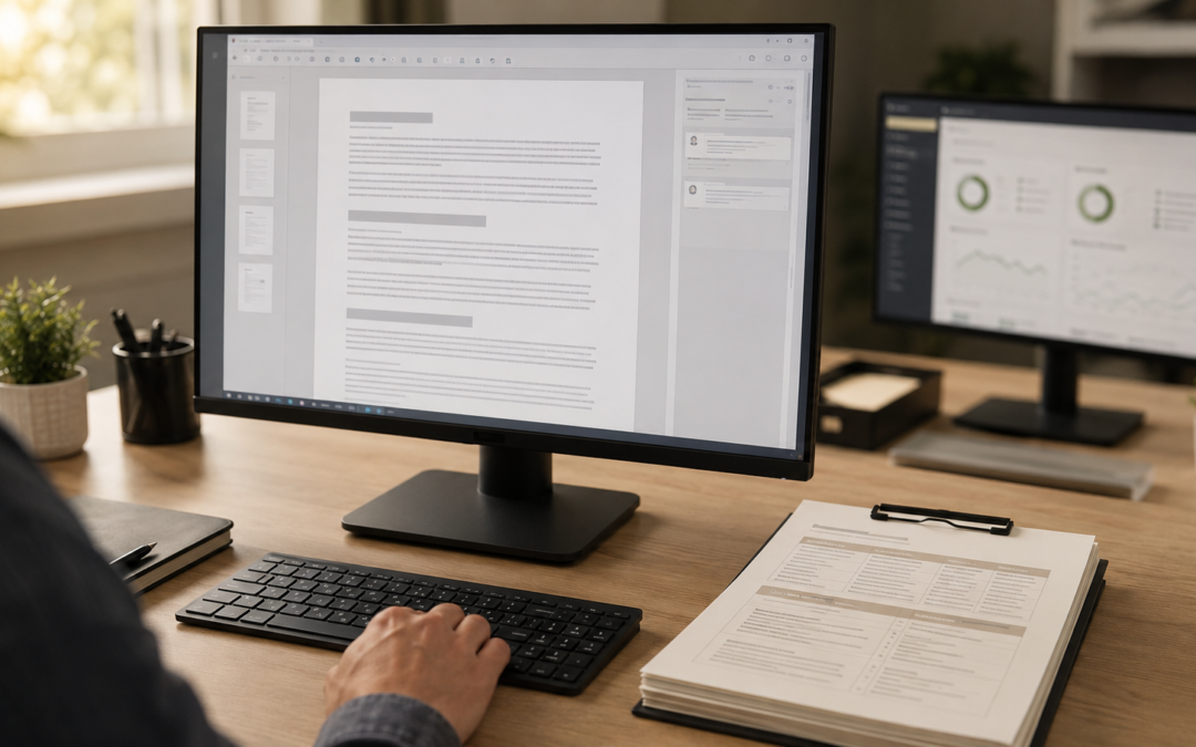 A procurement professional reviewing vendor compliance documentation at a clean corporate workstation with printed reports and a monitor.