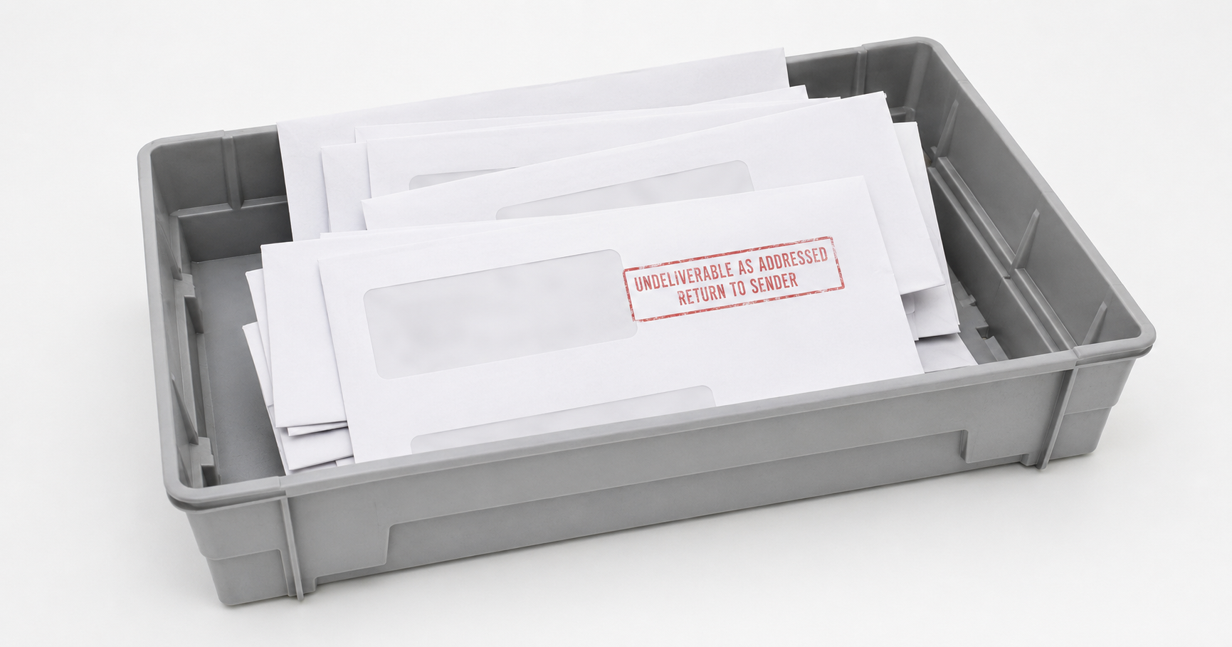 A gray mail sorting tray containing returned undeliverable envelopes on a white work surface.