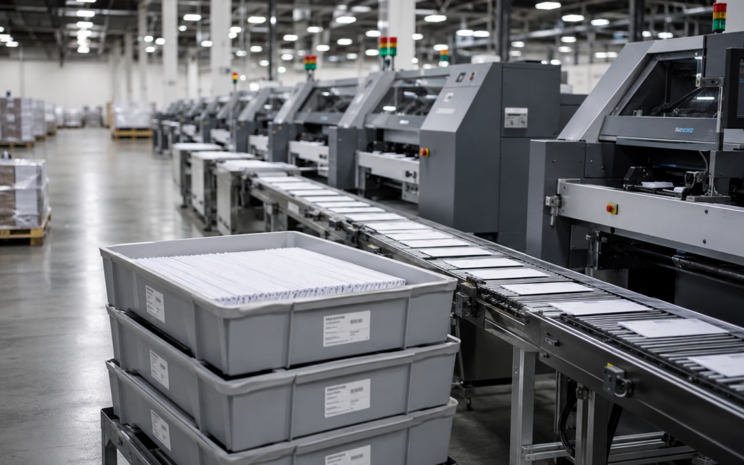 A large mail production facility with stacked outbound mail trays and industrial envelope inserting machines in operation, representing high-volume mailing operations.