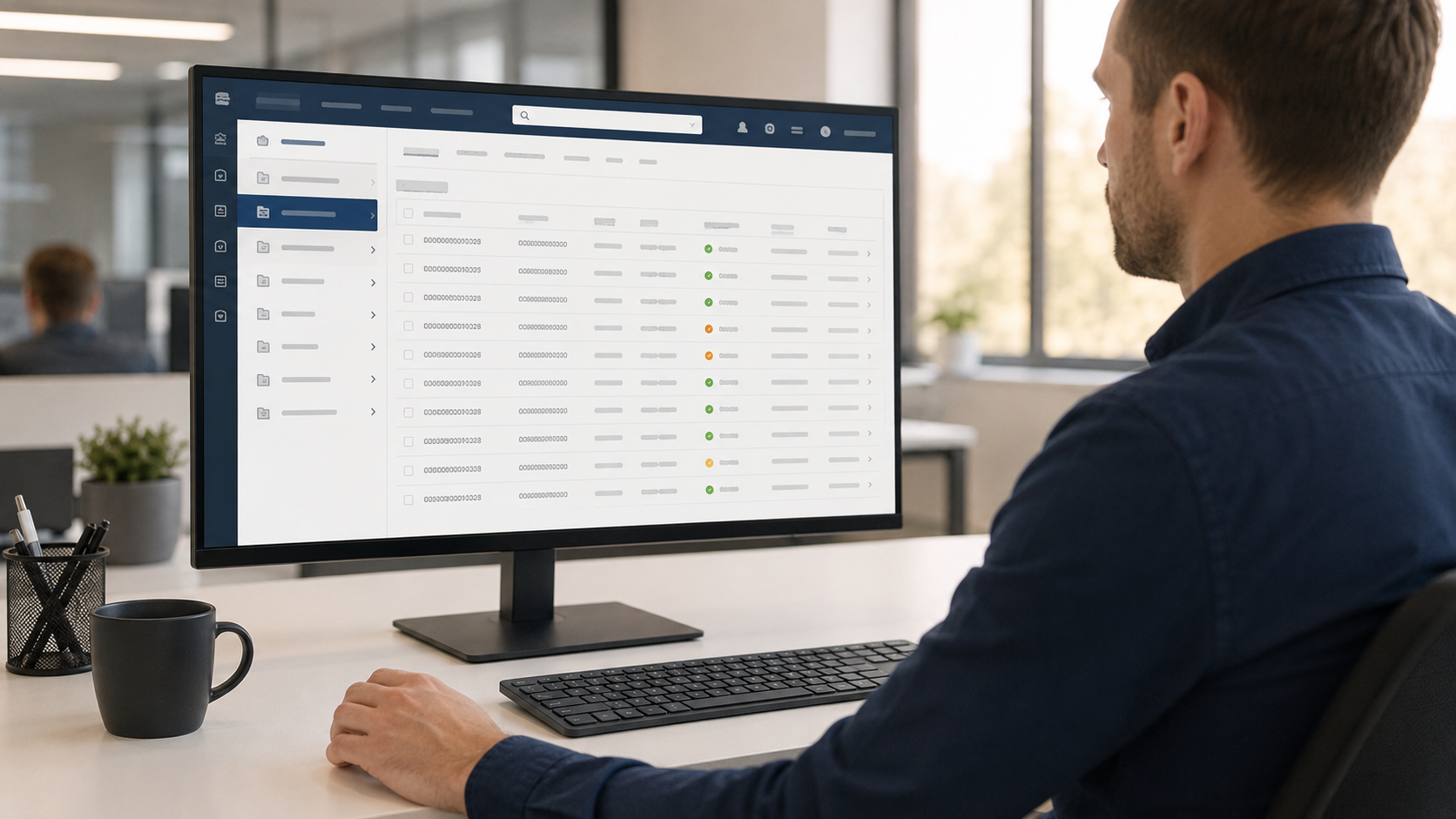 VariTrack: Real-Time Job Visibility from Upload to Delivery - VariVerge A compliance operations professional monitoring a real-time job tracking dashboard on a widescreen desktop monitor in a modern open-plan office.